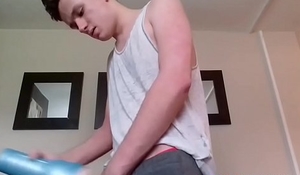 Horny amateur twink with big dick jerking it with fleshlight