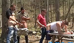 Ribald gay ass fucked in open-air foursome by wood rangers
