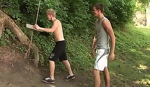 Handsome young gay cums hard after anal hammering