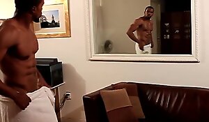 Black muscle gaysex hunk tugs his cock