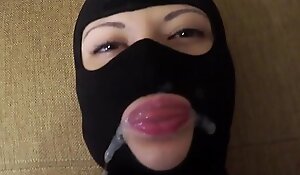 Masked amateur teen slut training session submissive 18yo learns jerking off a dick licking balls getting face fucked