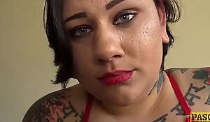 Tattooed plumper dominated and fed with dom spunk